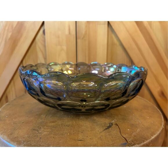 Federal CARNIVAL  GLASS  Iridescent Thumbprint  "Colonial Smoke" 9 3/8” Bowl Vtg - Picture 5 of 10